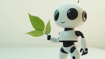 3D rendering of a cute robot with a leaf, isolated on a pastel background. 8 photo