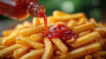 Crispy golden French fries with rich red ketchup drizzles from a glass bottle. 2 photo