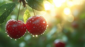 A natural background with sun rays shining on two juicy red cherries hanging from the branches. 12 photo