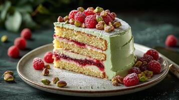 A vibrant pistachio cake, with a moist vanilla cream and raspberry sauce. 13 photo
