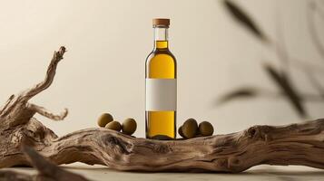 A bottle of olive oil with the olives and wooden branch. 1 photo