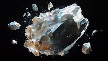 A floating, fragmented asteroid-like structure set against a pure black background. 12 photo