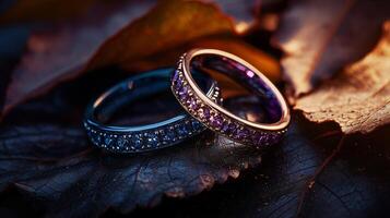 A set of two luxurious rings with intricate details, resting on dark leaves. 9 photo