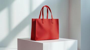 A red reusable cotton shopping bag with red handles sits on a white plinth in a white studio space. 4 photo
