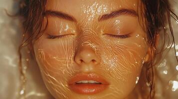 The model with her eyes closed and transparent golden liquid covering her entire face.8 photo