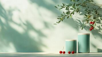The pedestals of varying sizes and red cherry fruits with olive tree leaves are placed on the table. 3 photo