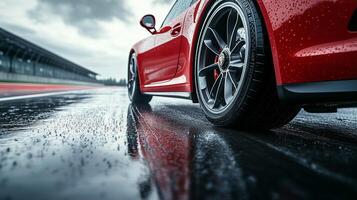 A red car is on the wet asphalt in front of an overcast sky and raindrops falling from above. 3 photo
