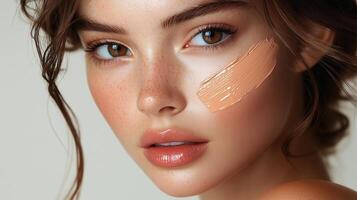 The model's face with liquid foundation to her cheek, with visible color swatches on her skin. 3 photo