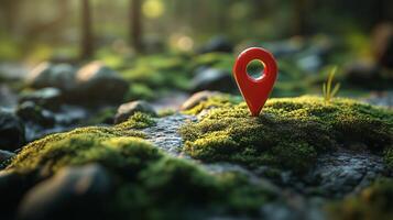 3D red location pin icon on the map, on top of mossy ground. 2 photo