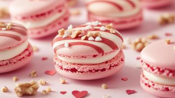 Valentine's Day macrons with red and pink cream, white chocolate filling, and hazelnuts on top. 6 photo