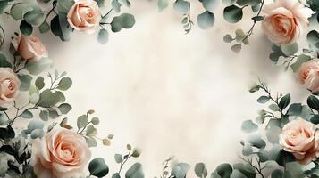 A luxurious wedding invitation design featuring floral borders with pink roses and eucalyptus leaves. 2 photo