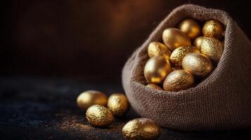 A burlap sack filled with golden chocolate eggs. 7 photo