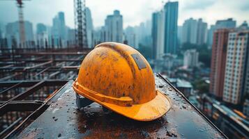 A rugged orange construction helmet rests on top of a building material. 2 photo