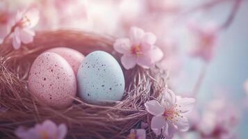 Easter eggs in a bird's nest, with pastel colors, spring flowers. 16 photo