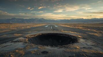 Very large, circular, dark, empty, bottomless sinkhole in the middle of an airfield strip. 9 photo
