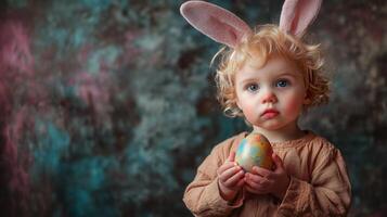 Cute little boy with bunny ears holding Easter egg on color background. 16 photo