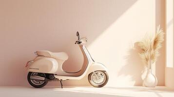 The beige scooter with an ergonomic seat against a minimalistic pastel background. 15 photo