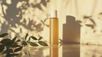 A bottle of skin care product, stands on a glass table, surrounded by shadows from plants. 9 photo