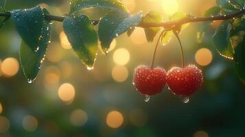 A natural background with sun rays shining on two juicy red cherries hanging from the branches. 11 photo