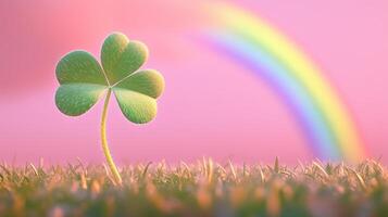 The green clover stands on grass with a pink sky background with a rainbow. 15 photo