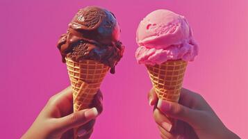 Two hands holding chocolate and strawberry ice cream cones. 5 photo