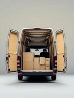 Modern delivery van with open doors, and cardboard boxes inside, isolated on a light background. 4 photo