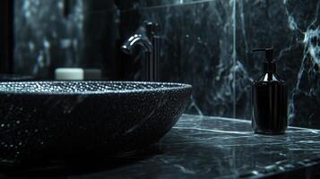 A black marble bathroom with a black textured sink and the beauty skin product. 5 photo