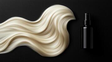 A hair product bottle is placed next to a curved hair lying flat against it on the white background. 3 photo