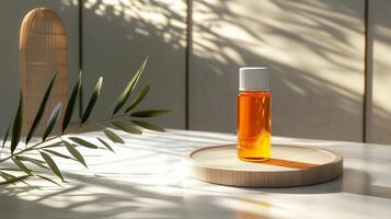 A cylindrical, small orange essential oil bottle with a single bamboo leaf. 14 photo