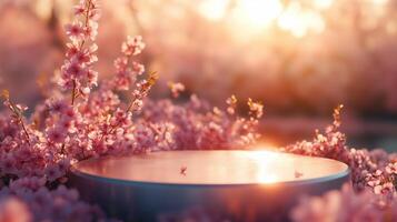 A round podium with pink sakura flowers on it, a blurred background with blooming cherry. 12 photo