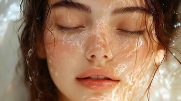 The model with her eyes closed and transparent golden liquid covering her entire face.7 photo