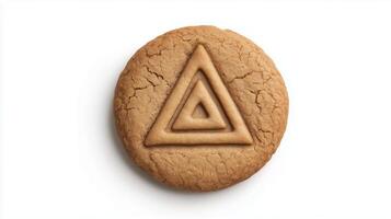 Circular cookie with the triangle simple icon on it, isolated on solid white background. 13 photo