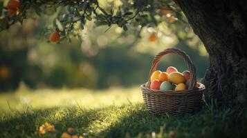 Easter eggs in a wicker basket under a tree on the grass. 16 photo