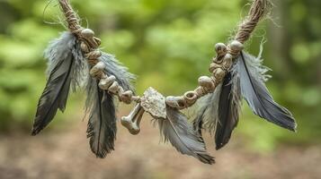The necklace with weathered bones and dull gray feathers against a forest background.15 photo