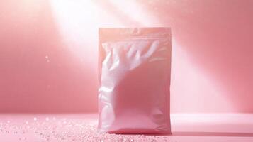 Light shining spotlight on a bag of protein with pink background. 15 photo