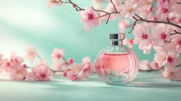 A perfume bottle standing on a branch of pink cherry blossoms with light green background. 9 photo
