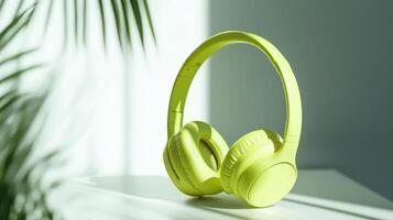 Wireless headphones in a bright neon yellow, placed on a white surface. 16 photo