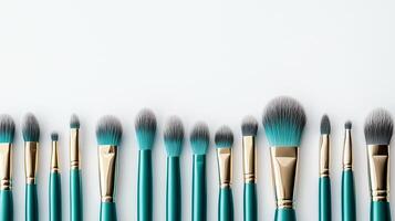 Cosmetic brushes frame, placed in random order, on a white background. 9 photo
