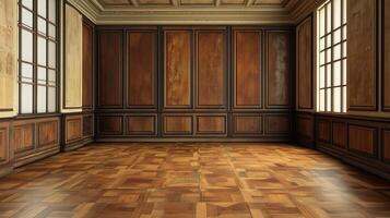 Old building with wooden parquet floor, wooden wainscoting panels and wallpaper. 16 photo