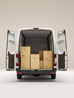 Modern delivery van with open doors, and cardboard boxes inside, isolated on a light background. 5 photo