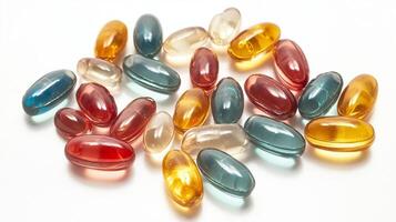 Gummy vitamins, multivitamin gels in various colors and sizes on white background. photo