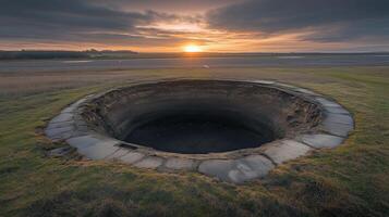 Very large, circular, dark, empty, bottomless sinkhole in the middle of an airfield strip. 10 photo