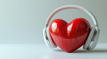 A red heart with white headphones on a white background. 10 photo