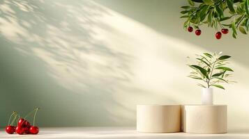 The pedestals of varying sizes and red cherry fruits with olive tree leaves are placed on the table. 4 photo