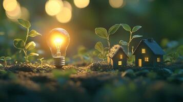 A light bulb and a small house model on the ground with a green plant growing. 16 photo