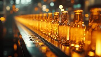 Close-up of beer bottles on the production line in a modern factory. 3 photo