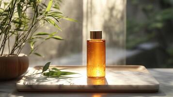 A cylindrical, small orange essential oil bottle with a single bamboo leaf. 15 photo
