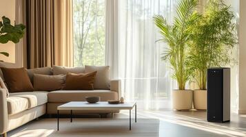 A minimalist modern living room with a beige walls, a beige sofa, and a black speaker. 6 photo