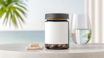 A bottle of matte brown jar with a blank white label on the table next to beige pills. 4 photo