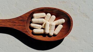Vitamin capsules scattered on a wooden spoon. 4 photo